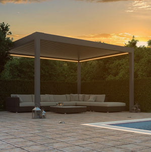 Burford Luxe freestanding pergola with electric roof