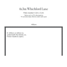 Load image into Gallery viewer, Welcome to our most luxurious pergola. Our Whichford comes fully equipped with four manual blinds, around all sides to perfectly fit our pergolas. The aluminium frame provides a sturdy and rust free design, in addition to this it comes with a manual louvre roof. 
